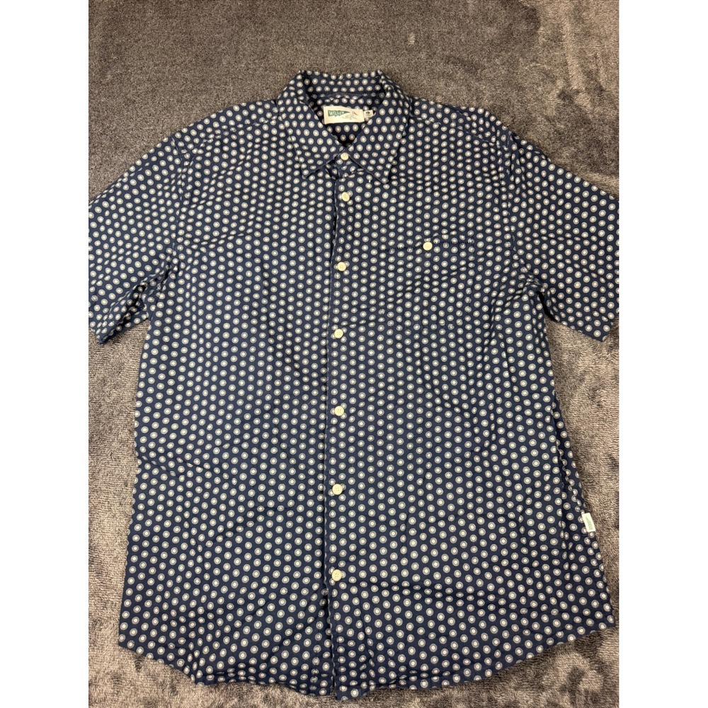 Wellen Mens Large Blue White Sun Medallion Print Short Sleeve Button Down Shirt